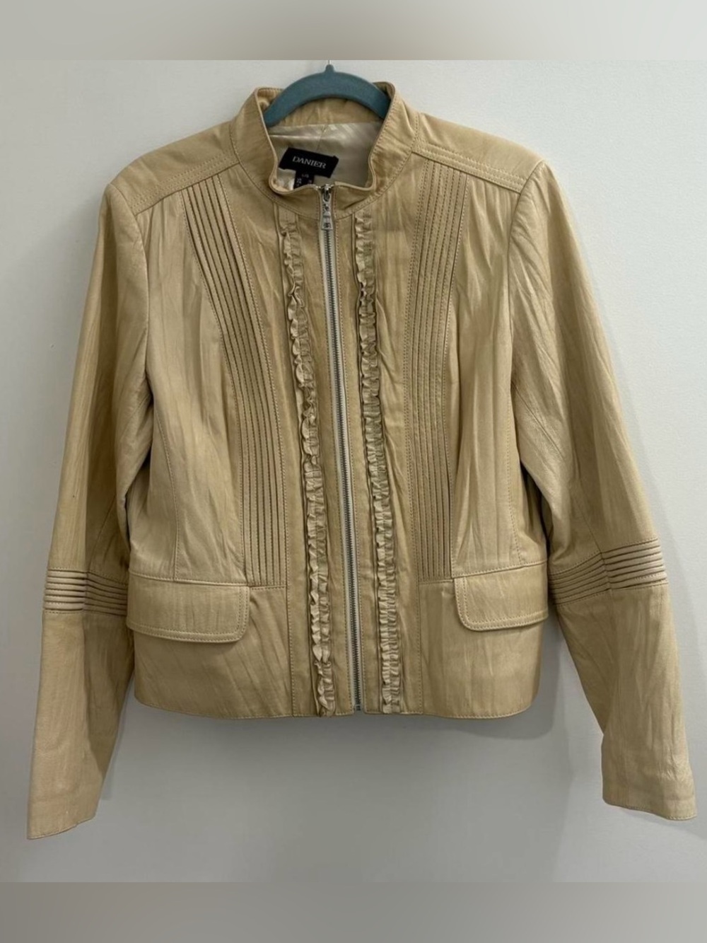 Danier Beige Leather Jacket with Ruffle Trim